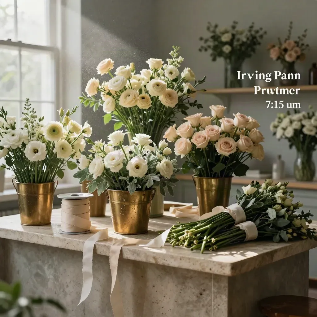 Florist workspace with bouquet towers, brass buckets and a wedding centerpiece on a stone counter.