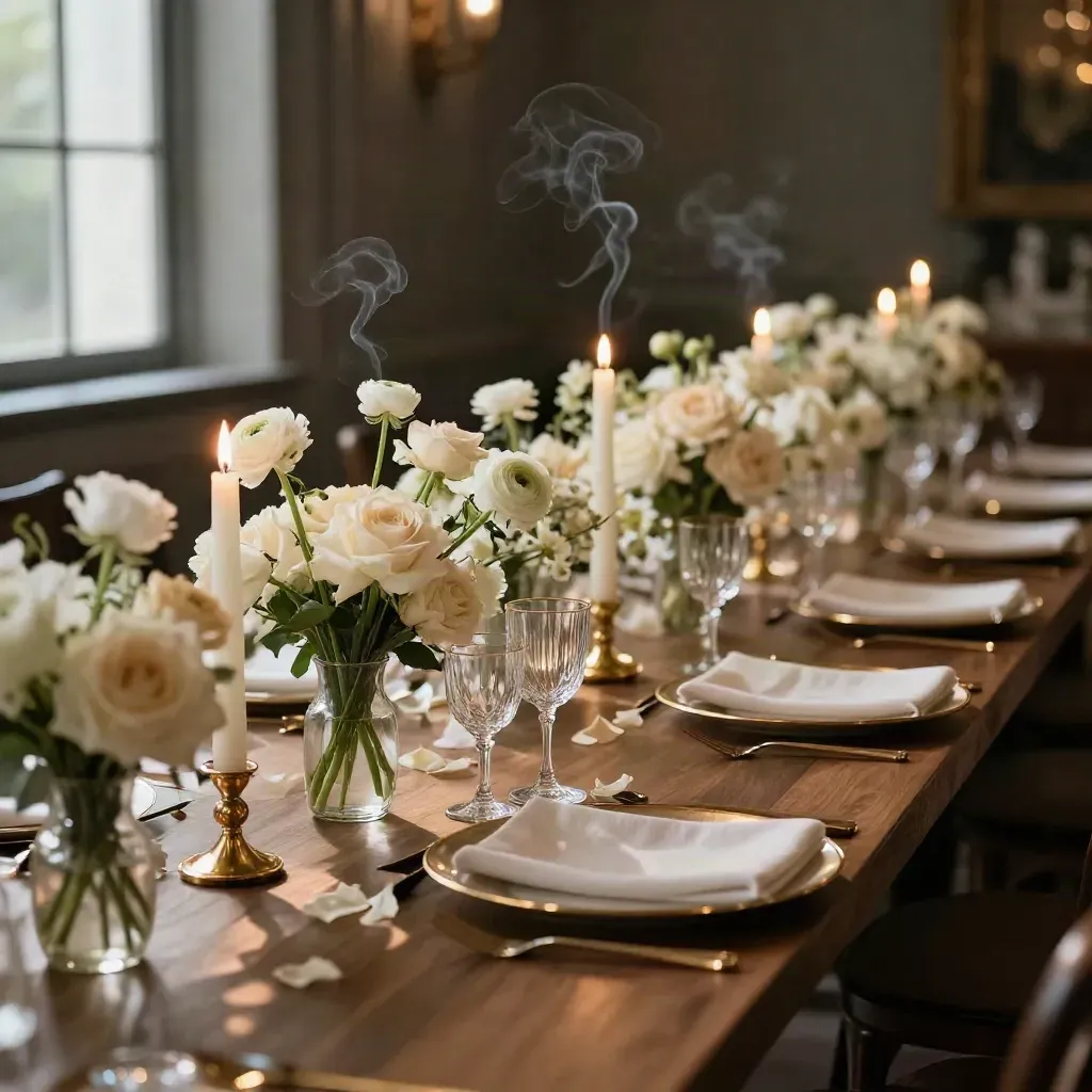 Lit gold-rimmed centrepieces with cream blooms and candles on a banquet table, smoke drifting.