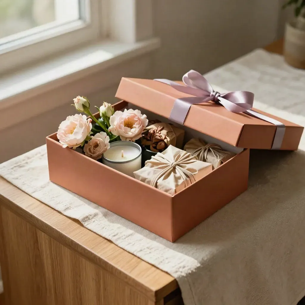 Open seasonal gift box with blooms, candle and treats on cream linen, lit by warm window light.