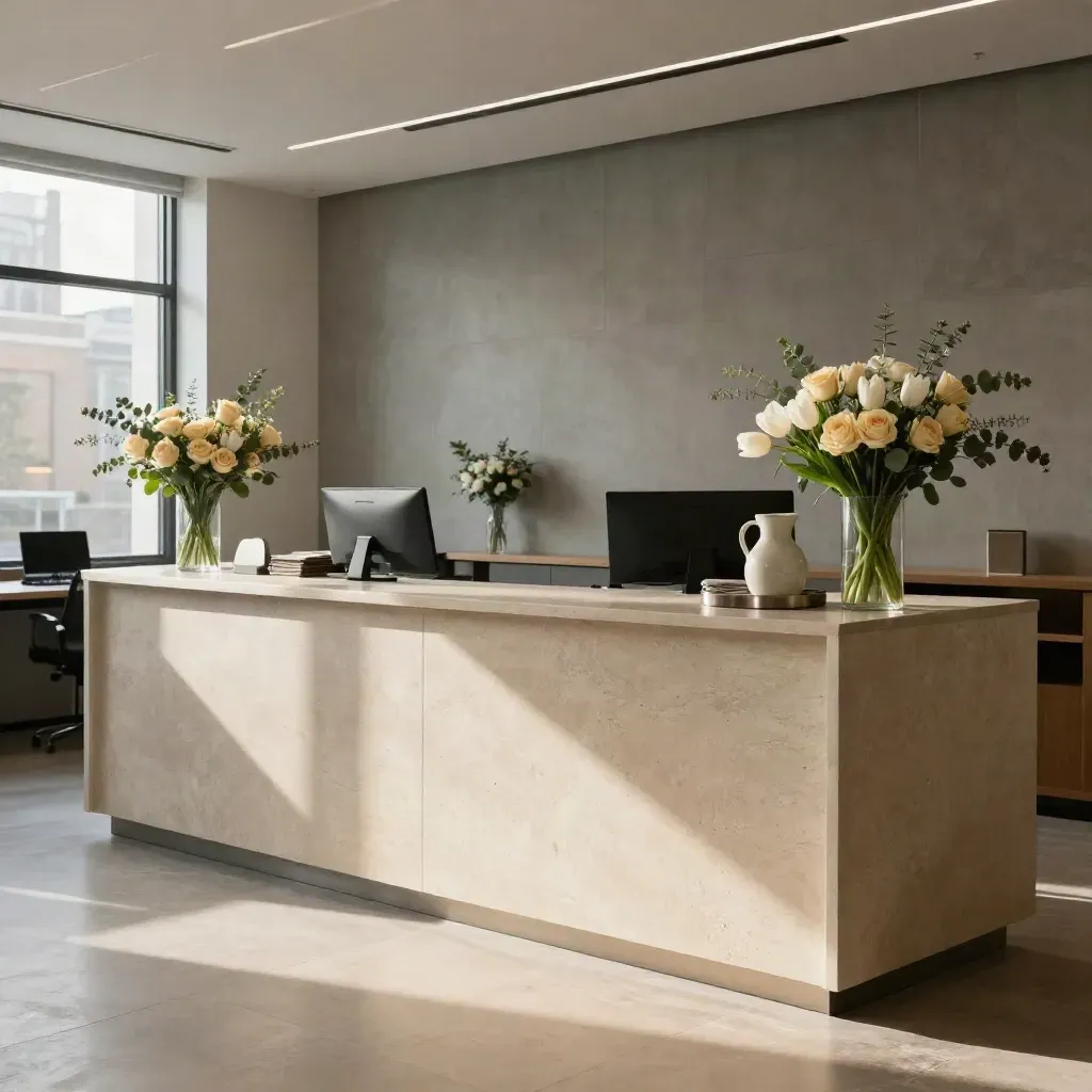 Empty London office reception with three desks and compact vase flowers in warm light