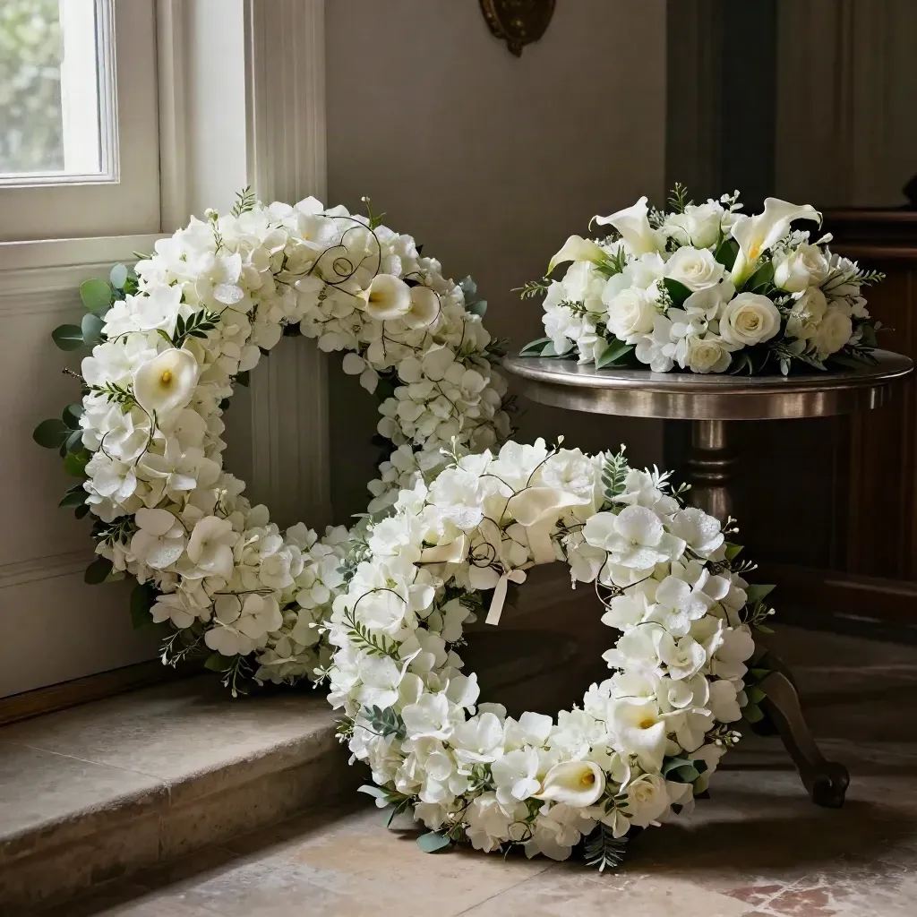 White sympathy wreaths and sprays waiting at a church doorway and home hall table in morning mist.