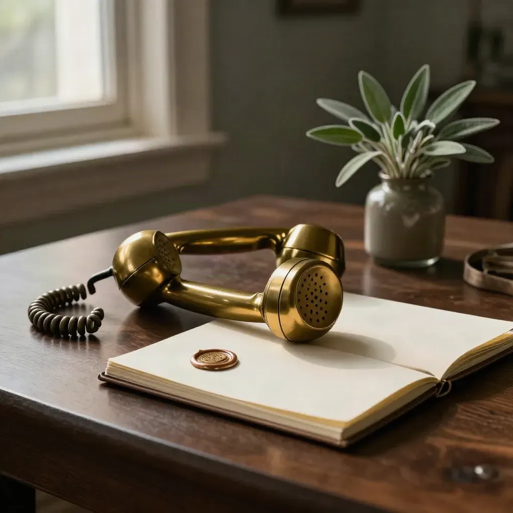 Brass phone handset, open notebook, wax seal and sage stems on dark walnut wood.