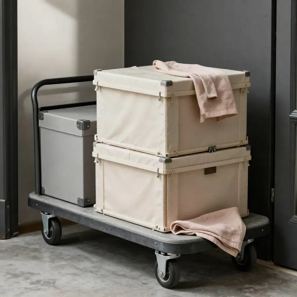 Delivery trolley and flower boxes staged at a venue doorway on a stone tray.