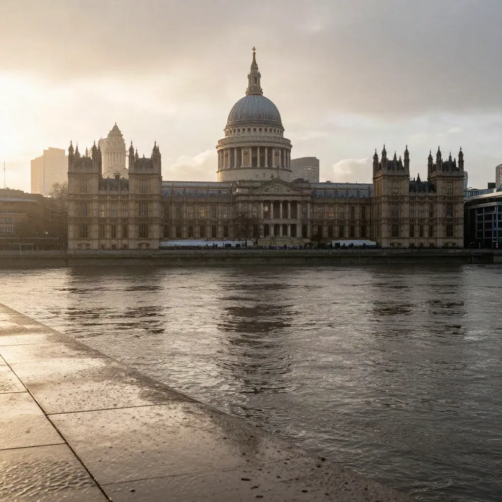 Thames at dusk with St Paul’s dome above a hazy river and London skyline.
