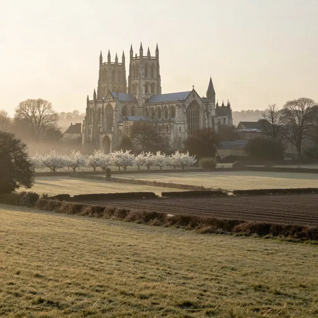 Canterbury Cathedral above misty orchards and hop fields at dawn